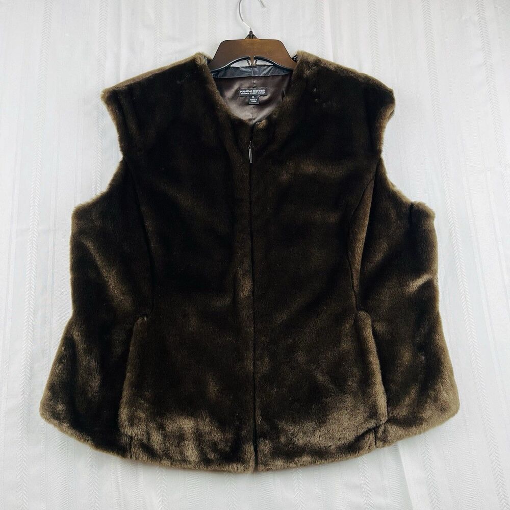 Pamela Dennis Brown Full Zip Vest Pockets Sleeveless Women Regular XL